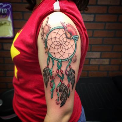  Tatouage attrape rêve turquoise et rouge sur le haut du bras